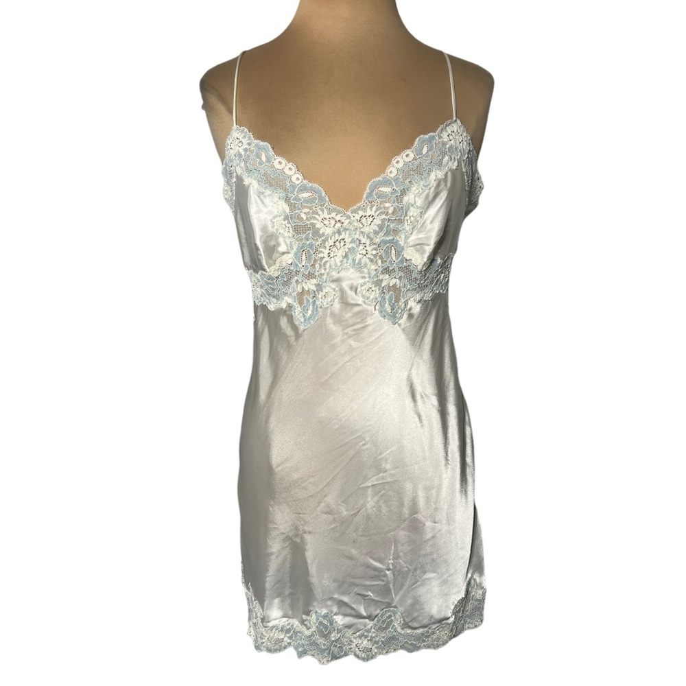 90’s Victoria’s Secret Silky Slip Dress Chemise Robe Set Bridal Set ivory blue L - Picture 3 of 11